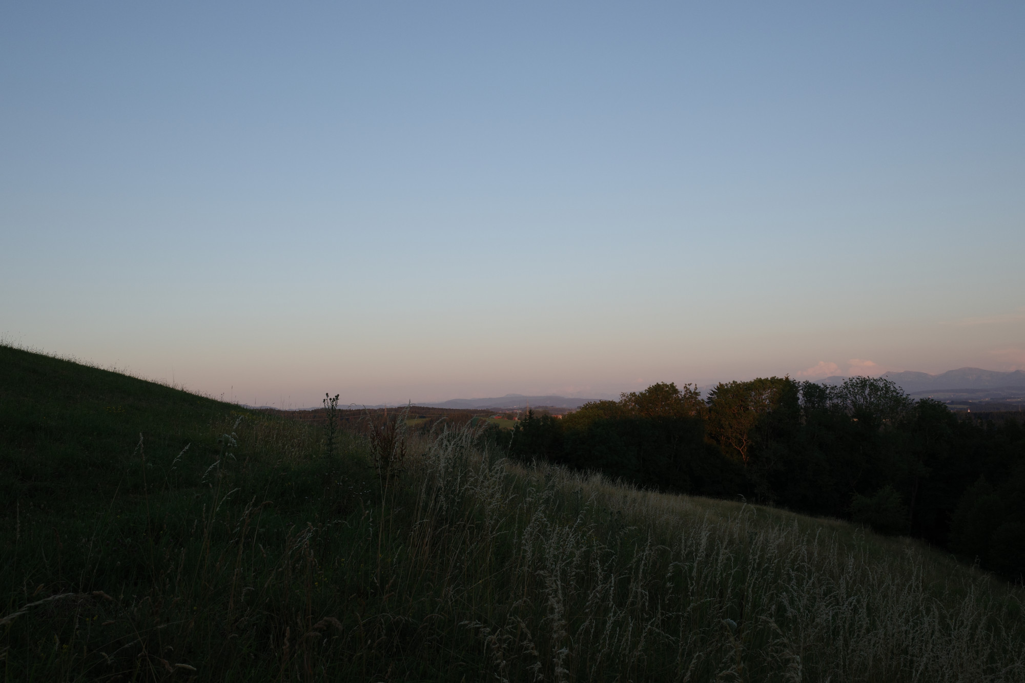Ruhige Abendstimmung &uuml;ber einer h&uuml;geligen Wiese.